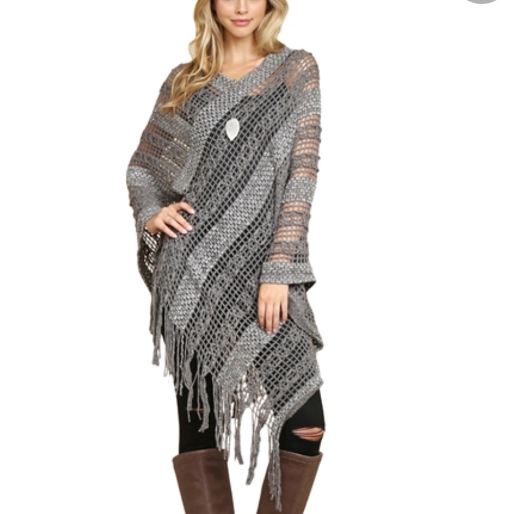 Grey Crochet Patterned Poncho